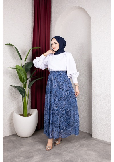 Hira Life Fashion Asimetrik Kesim Etnik Desen Astarlı Tül Tesettür Etek Mavi Mavi
