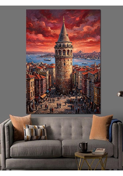 Kızıl Gökyüzünde Heybetli Galata Kulesi Dekoratif Kanvas - Mdf Ahşap Tablo