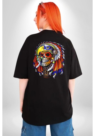 Kızıl Derili Kuru Kafa Düş Kapanı Pamuklu Unisex Oversize Sırt Dijital Baskılı Siyah T-shirt Siyah