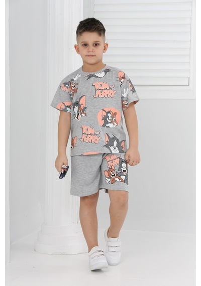 Veramoni Unisex Tom&jery Baskılı Kısa Kollu Şortlu İkili Takım gri