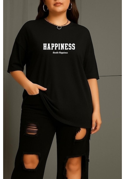 Büyük Beden Happıness Baskılı Unisex Tişört SIYAH