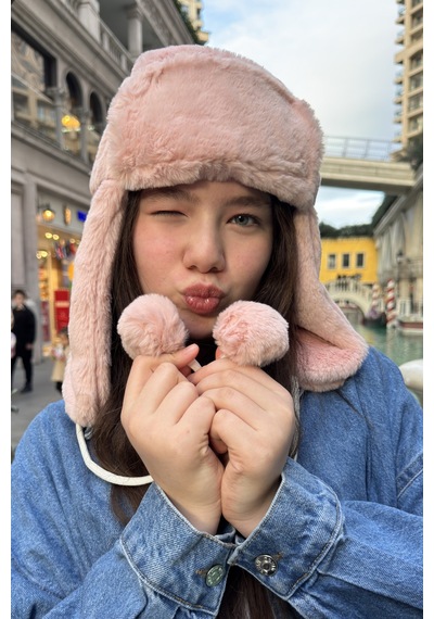 Mollycrush Genç Pembe Peluş Ponponlu Pilot Şapka Uniseks Kışlık Ushanka Tarzı Pembe