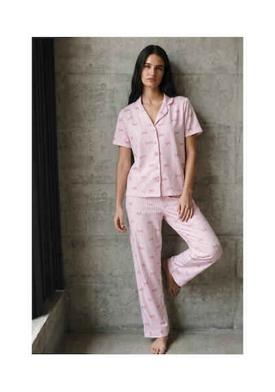 Fit Women V Yaka Düğmeli Casual Pembe Pijama Takımı
