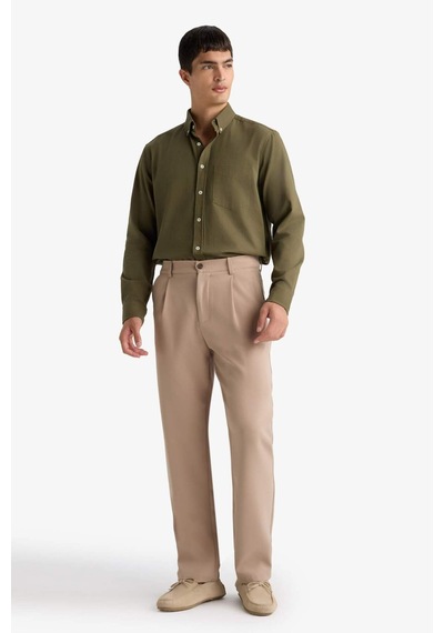 Defacto Regular Fit Polo Yaka Gabardin Uzun Kollu Gömlek F1261ax25aukh82 Haki
