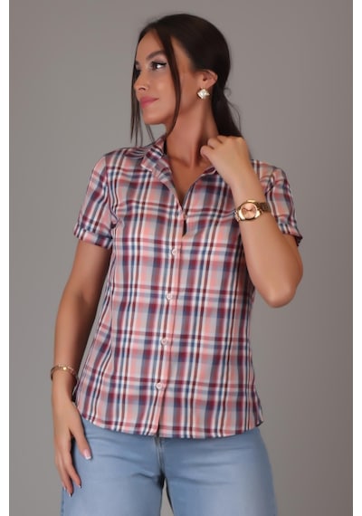 Sweetness Kadın Pembe Kareli Kısa Kollu Pamuklu Gömlek Dk-1170 Pembe