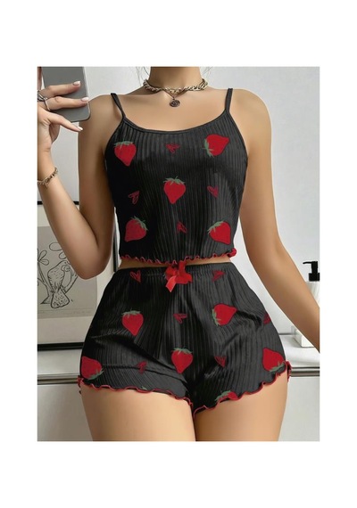Red Womans Pamuklu Siyah Üstüne Çilek Desen Fitilli Askılı Şortlu Pijama Tak