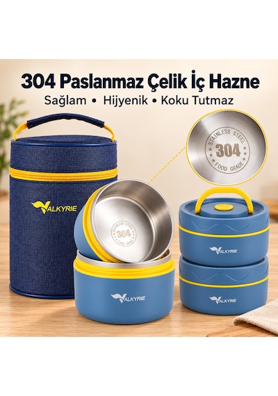 Valkyrie 3 Göz Taraftar 304 Paslanmaz Çelik Yemek Lunch Box 420+420+550 Ml Isı Yalıtımlı Çantalı Lacivert