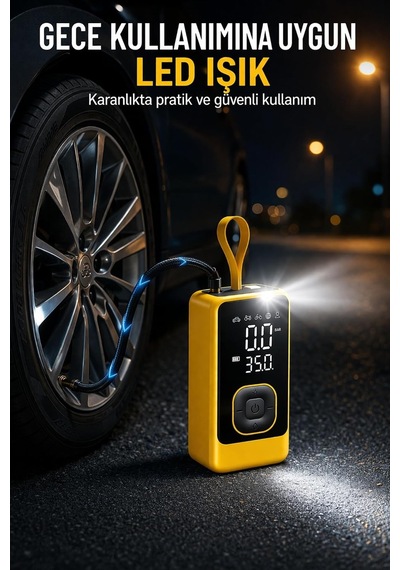 Taşınabilir Hava Pompası, Dijital Ekranlı Lastik Şişirme Kompresörü, Led Işıklı, Type-c Şarjlı, Powerbank