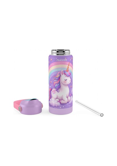 Puccon 540 Ml Unicorn Desenli Lila - Pembe Kız Çocuk Pipetli Çelik Termos Matara/suluk - 60043