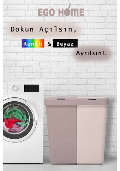 Kahve Krem Mote Ikili Dokunmatik Kirli Sepeti Çamaşır Sepeti 2 Bölmeli Dokunmatik Kapaklı 80 Lt Kahverengi