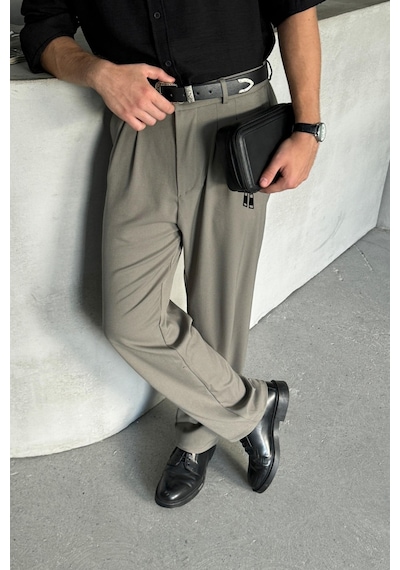 Erkek Pileli Baggy Kalıp Kumaş Pantolon Yeşil