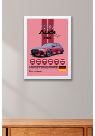 Audi Rs6 Premium Spor Araba Çerçeveli Tablo - Teknik Özellikli Otomobil Sever Duvar Dekoru Beyaz