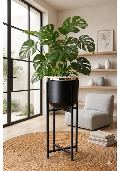 Bitkidunyam Mat Ayaklı Saksı, Metal, Altın Detaylı Kenar, Modern Minimalist Stil, İç Mekan, 52x21 Cm No:4 Siyah