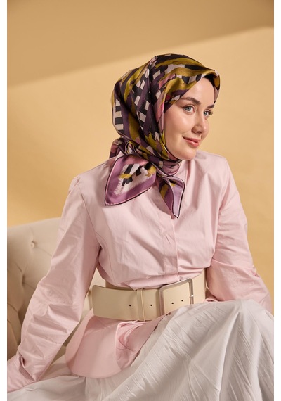 Silk Home Twill İpek Eşarp Şerit Yağ Yeşili Çok Renkli