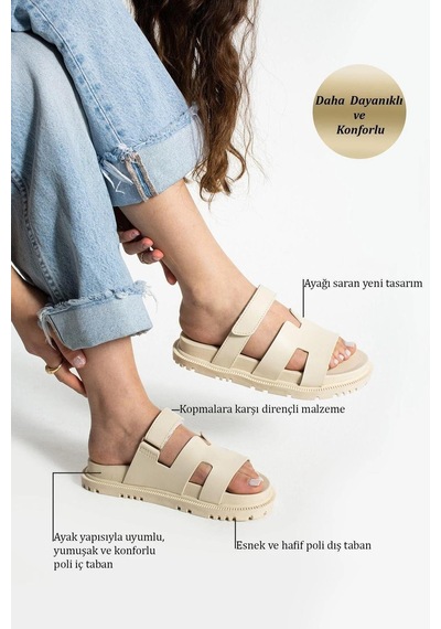 Moda Devrin Beige Cırtlı Anatomik Rahat Taban Kadın Terlik Bej