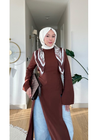 Esra Butik78 İnce Modal Kumaş Parçalı Arkadan Bağlama Detaylı Tunik Kahverengi, Bebe Mavisi & Bej 130 Cm Mavi