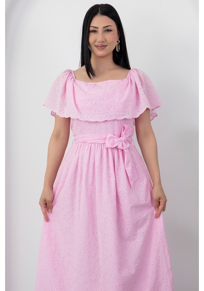 Kalopya Madonna Yaka Kemerli Brode Elbise 2026-4643 Pembe