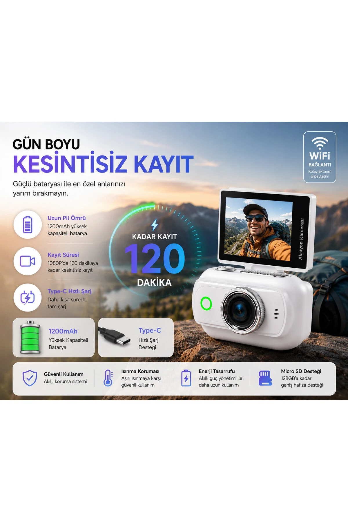Viora 4k Aksiyon Kamerası Mini 180 Döner Ekran Wifi App Geniş Açı Taşınabilir Vlog Kamera Siyah