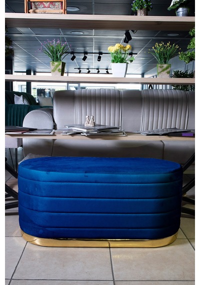 Lungo Long Line Mavi Puf- 90cm Gold Kaplama Kapitoneli Luxery Pofuduk Oturma Pufu&Makyaj Puff&Bench
