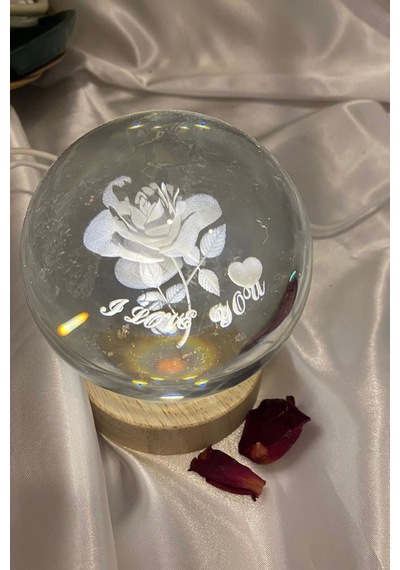 3d Led Işık Cam Küre Tek Renk Ahşap Gül I Love You Büyük Boy 10 Cm
