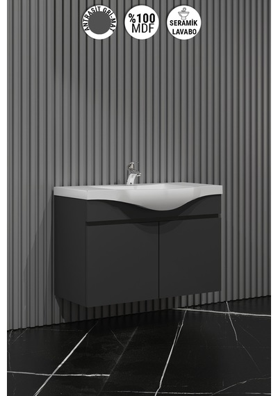 Yıldız 75 Cm Antrasit Gri Mat Mdf Seramik Lavabolu Banyo Dolabı Antrasit - Gri