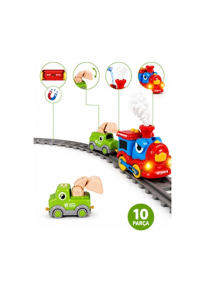 Buhar Çıkaran Işıklı Ve Sesli Şantiye Tren Seti - 10 Parça Manyetik Bağlantılı Eğitici Oyuncak İş Makineleri