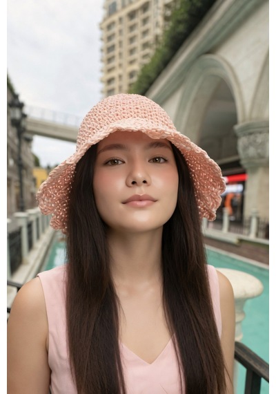 Mollycrush Kadın Pembe Hasır İp El Örmesi Bucket Şapka Plaj Trend Tasarım Pembe