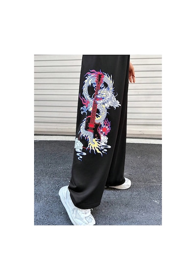 Tarzsokak Coolane Dragon & Guitar Print Drawstring Waist 4 Mevsim Eşofman Siyah