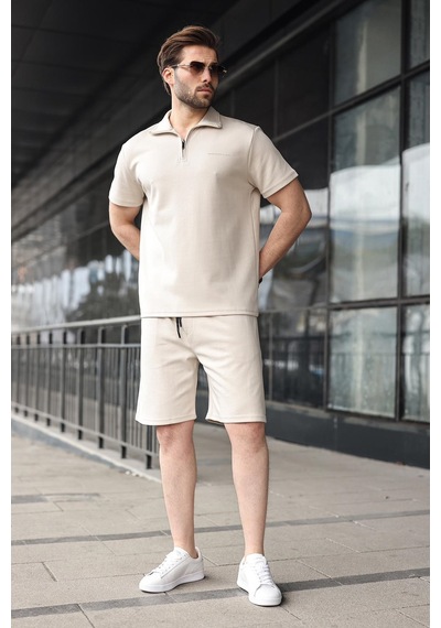Madmext Bej Yarım Fermuarlı Polo Yaka T-shirt Şort Takım E7348 Bej