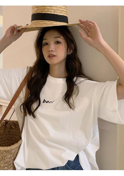 Boo T-shirt - Beyaz Oversize Baskılı Bisiklet Yaka Beyaz