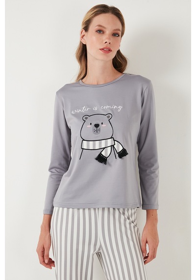 Lela Regular Fit Desenli Bisiklet Yaka Bayan Pijama Takımı 65719102 Gri