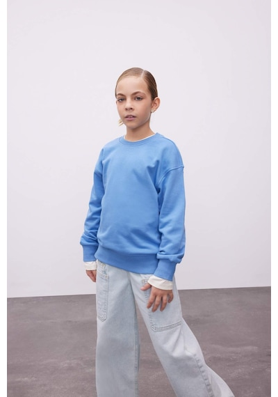 Defacto Kız Çocuk Relax Fit Bisiklet Yaka Pamuklu Basic Düz Okul Sweatshirt A2797A824AUBE756 Mavi