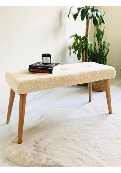 Ahşap Ayaklı Handmade Geniş Oturum Alanlı Krem Welsoft Kumaş Pofidik Puf Bench ,ayak Ucu Uzatmalık Krem