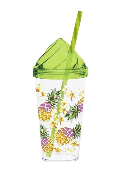 660 Cc Kristal Kapaklı Renkli Ananas Desenli Pipetli Bardak
