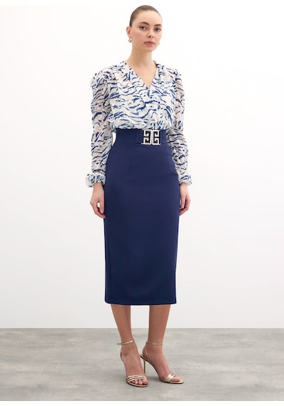 Sateen Aksesuar Detaylı Kalem Etek - Lacivert-134228 Lacivert