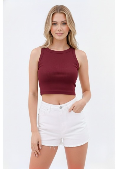 Zedefx Kadın Halter Yaka Pencere Detaylı Crop Bluz bordo