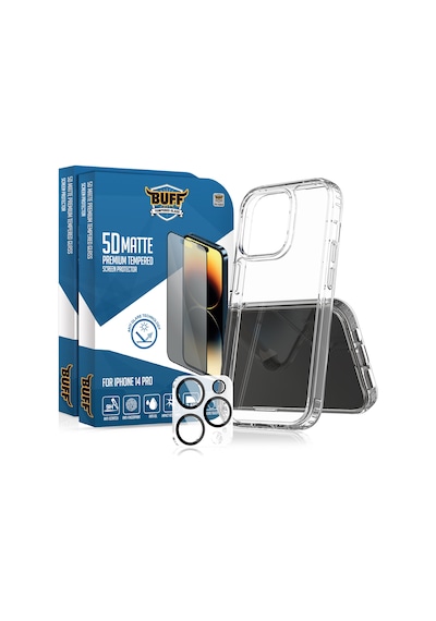 Buff Apple iPhone Uyumlu  14 Pro - 2x5d Ekran Koruyucu + Şeffaf Kılıf + Lens Koruyucu Matte Mat
