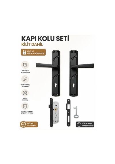Lüx Prizma Aynalı Kapı Kolu Oda Mat Siyah Ve 40mm Siyah Sessiz Kilit