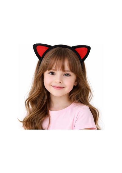 Peluş Kedi Kulak Taç Kırmızı Siyah Çocuk Parti Kostüm Tacı