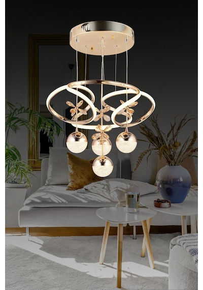 Pars 4 Toplu Rose Gold Sarkıt 3 Renk Kristal Taşlı Led Avize Altın