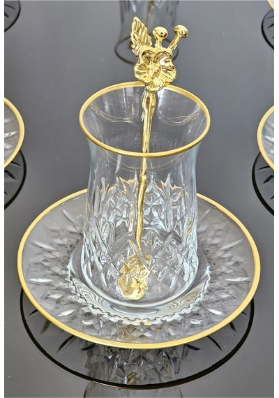 Atabey Home Collection 18 Parça Odin Çay Seti Japon Gülü Çay Kaşikli Cam Tabakli Gold Detayli
