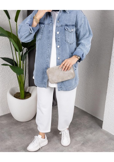 Hb Harma Time Butik Kadın Yıkamalı Cepli Denim Kot Mavi Ceket