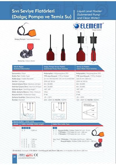 Element Fte-1500k 15 Metre Kauçuk Kablolu Temiz Su Seviye Flatörü