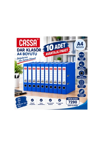 7290 Dar Klasör A4 Mavi 10 Adet Avantajlı Ekonomik Paket
