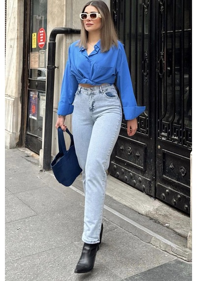 WeShaya Kadın Açık Mavi Yüksek Bel, Rahat Kesim, Boru Paça, Skinny Kot Pantolon - Jeans Açık Mavi