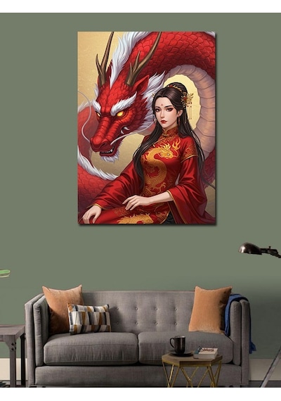Kanvas Tablo Kırmızı Ejderha Ve Kadın 50cmx70cm