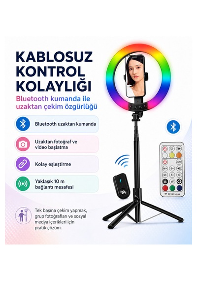 1,9 Metre Rgb Halka Işık Selfie Çubuğu Ve Tripod, 32 Renkli Led Ring Light, Bluetooth