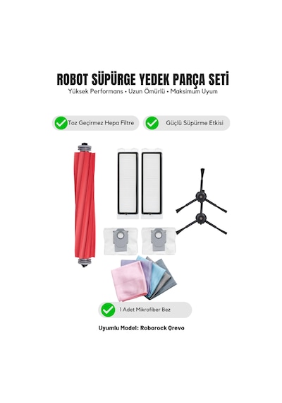 Roborock Qrevo İle Uyumlu 1 Ana Fırça 2 Siyah Yan Fırça 2 Filtre 2 Toz Torbası 1 Temizlik Bezi 15.0