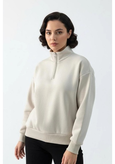 Rovebella Torre Fermuar Detaylı Dik Yaka Sweatshirt Bej