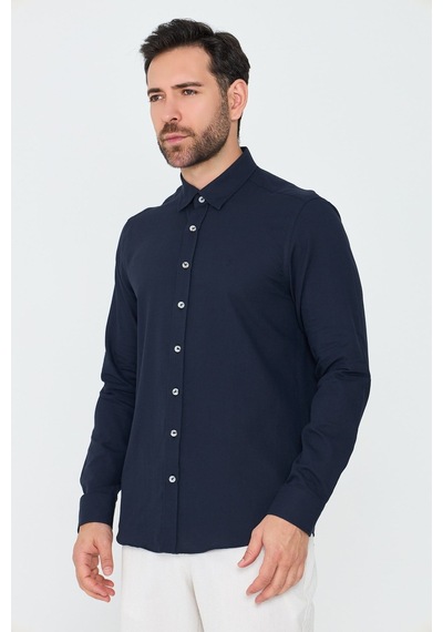 White Stone Lacivert %100 Pamuk Dynamic Fit Erkek Uzun Kollu Gömlek